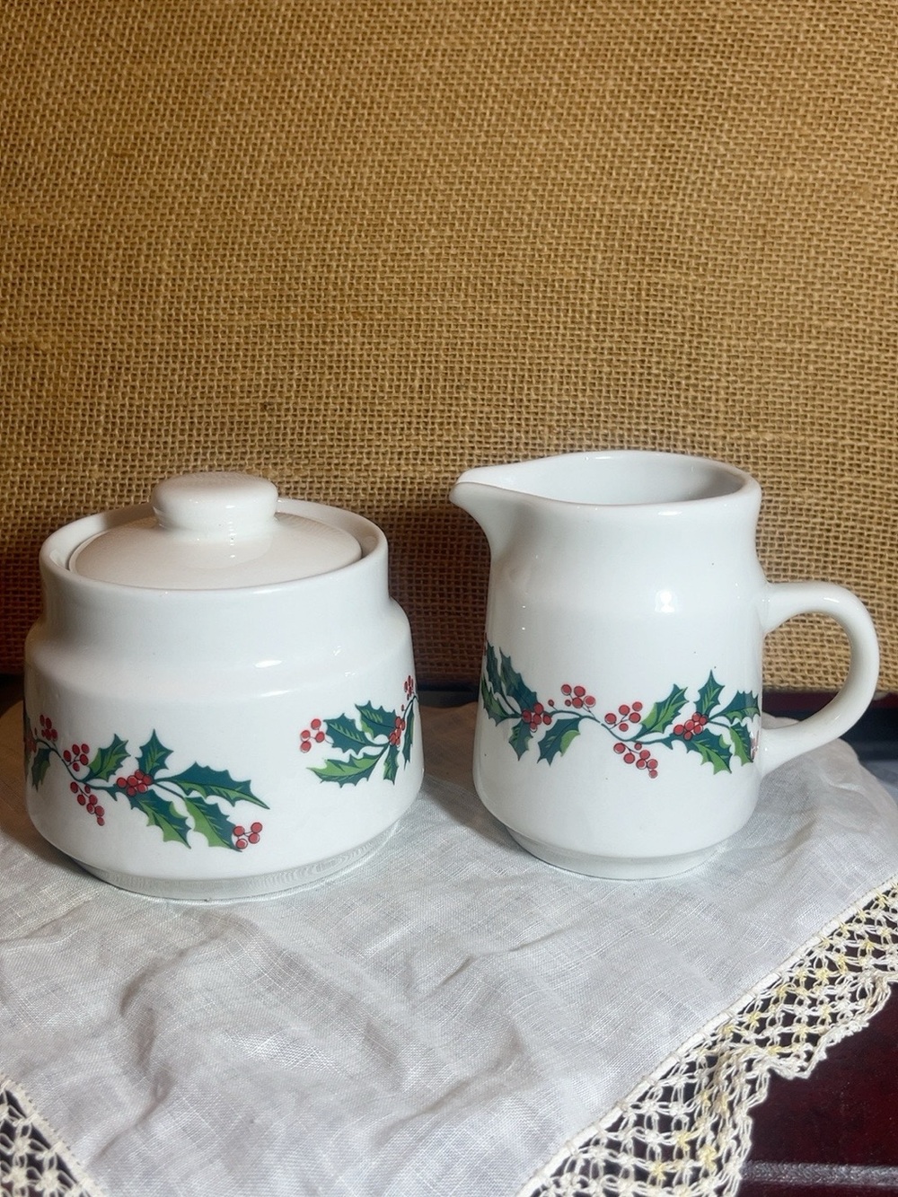 Vintage Christmas Holly Berry Creamer & Covered Sugar Bowl Set Made in China